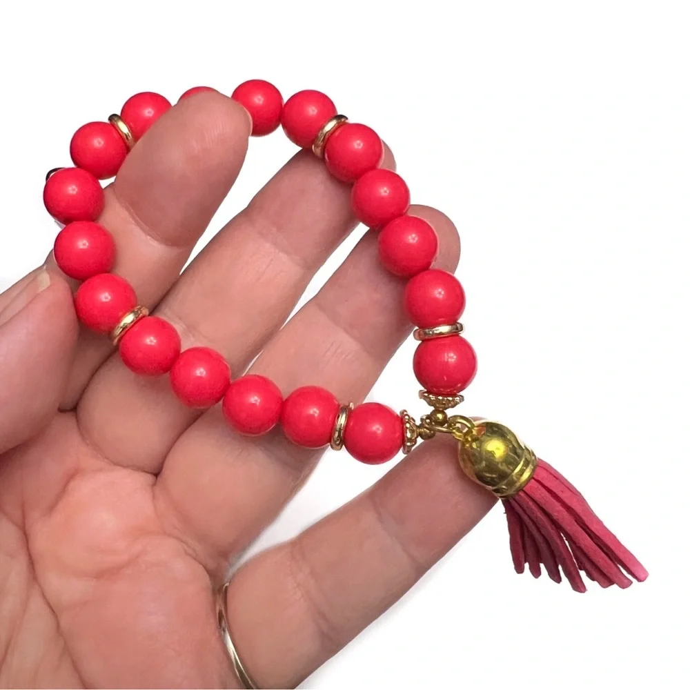 Gennaro Beaded Stretch Bracelet with Tassel Coral Red